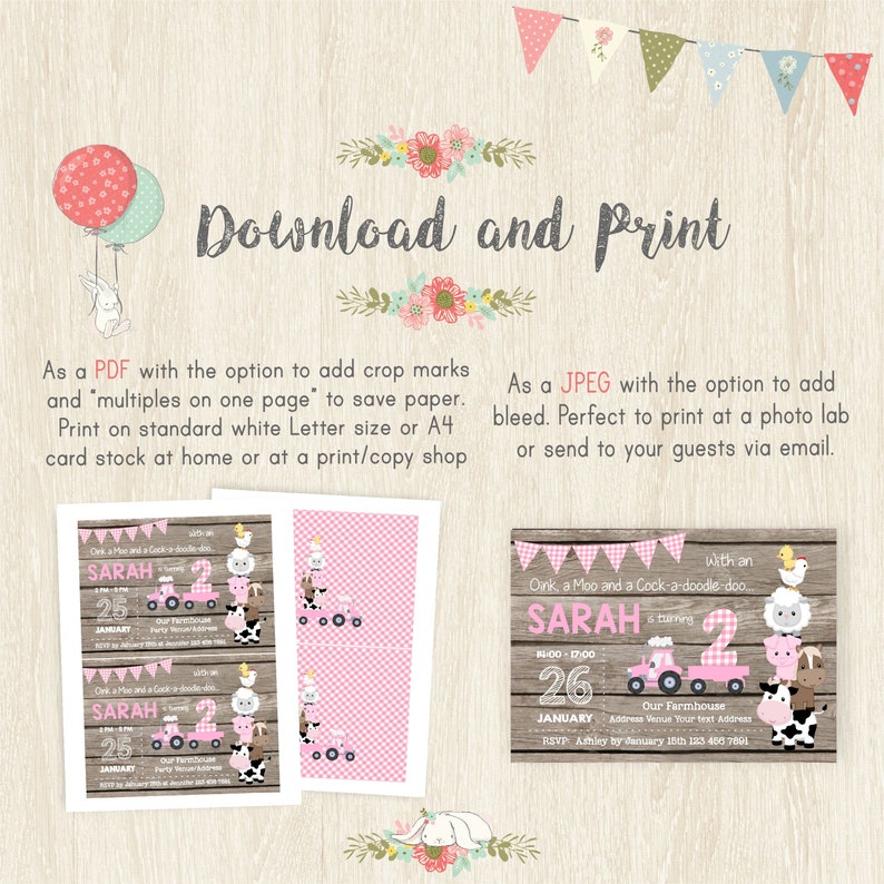 May include: A printable invitation design with the text "Download and Print." The design features a pink and white gingham pattern, a tractor, and farm animals. The invitation includes the name "SARAH" and the date.