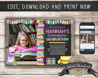 Kindergarten Graduation Invitation with Photo for a Girl, Editable and Printable by you with Corjl, INSTANT DOWNLOAD
