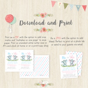May include: A printable baby shower invitation with the text "He or She" and watercolor elephants. The invitation includes the text "Download and Print" and instructions for printing as a PDF or JPEG.