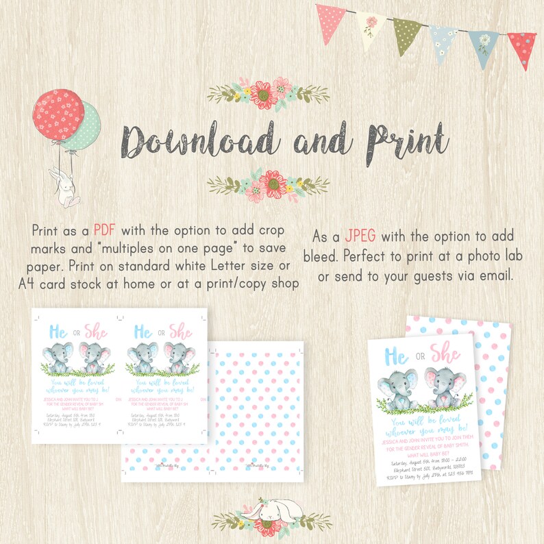 May include: A printable baby shower invitation with the text "He or She" and watercolor elephants. The invitation includes the text "Download and Print" and instructions for printing as a PDF or JPEG.