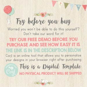 May include: A digital template advertisement with text that reads "Try before you buy." The image includes balloons, floral accents, and the text "This is a Digital Template." The text encourages users to try a free demo.
