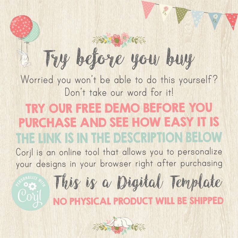 May include: A digital template advertisement with text that reads "Try before you buy." The image includes balloons, floral accents, and the text "This is a Digital Template." The text encourages users to try a free demo.