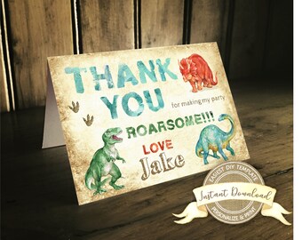 Dinosaur Thank You Cards, Instant Access, Editable and Printable by you with Corjl, 3,5 x 5, Dinosaur Birthday Party Thank You