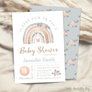 May include: Baby shower invitation featuring a watercolor rainbow design in soft pastel colors. The invitation includes the text "Please Join Us For A Baby Shower" and details for Jennifer Smith's baby shower on February 18th.