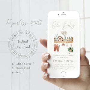 Pode incluir: Um convite digital para um ch&aacute; de beb&ecirc; com uma ilustra&ccedil;&atilde;o em aquarela de uma prateleira com roupas de beb&ecirc;, brinquedos e plantas. O texto diz "Oh Baby" e inclui o nome Emma Smith, a data e a hora do evento, e o local. O convite tamb&eacute;m inclui um n&uacute;mero de RSVP e um prazo.