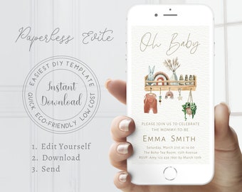 Boho Baby Shower Invitation for a Boy or Girl, Modern Baby Shower Evite, Digital Baby Shower Invite, DIY Bohemian Baby Shower Template