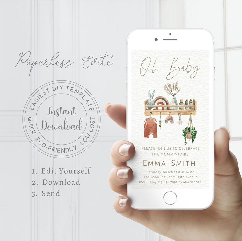 Pode incluir: Um convite digital para um ch&aacute; de beb&ecirc; com uma ilustra&ccedil;&atilde;o em aquarela de uma prateleira com roupas de beb&ecirc;, brinquedos e plantas. O texto diz "Oh Baby" e inclui o nome Emma Smith, a data e a hora do evento, e o local. O convite tamb&eacute;m inclui um n&uacute;mero de RSVP e um prazo.