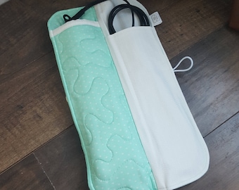 Flat Iron Case, Curling Wand Case, Heat Resistant Holder, Mint Blue, White Hearts, Travel Essentials, Gifts For Her