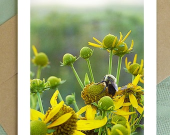 Greeting Card "Bee on Wildflowers" digitally enhanced nature photography - summer garden