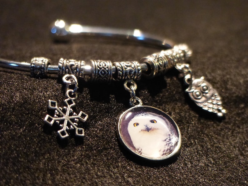 Photo charm bracelet\u2013 Snowy Owl \u2013 original digital photo charm \u2013 2.25\u201d diameter cuff bracelet
