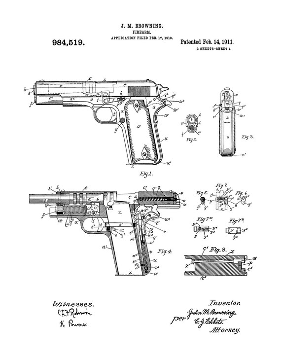 Beretta 92 Pistol Patent Print poster firearm gun browning parabellum blueprint