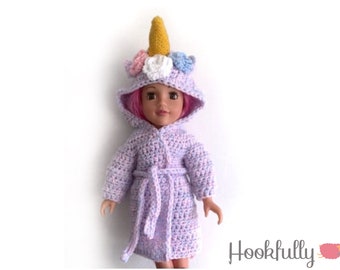 PDF Crochet Pattern -Unicorn hooded dressing gown for 18” child doll