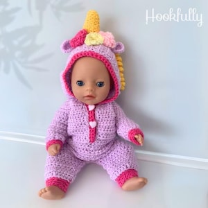 PDF Crochet Pattern | 14” Baby Doll Clothes | Hooded Doll Onesie | Doll Animal Costume | Easy Crochet Doll Clothing | Toy Girl Doll Pyjamas