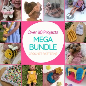 Könnte beinhalten: Eine Sammlung von über 80 Häkelanleitungen für verschiedene Projekte, darunter eine zahnförmige Tasche, ein Bienenspaß, ein Puppenoutfit, ein Babyhaarband, Booties, ein Stern und ein Mond, ein Puppenhaus und ein Haustierpullover. Die Anleitungen sind in einem Mega-Paket erhältlich.