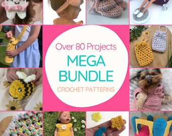May include: A collection of over 80 crochet patterns for various projects, including a tooth-shaped bag, a bee toy, a doll outfit, a baby headband, booties, a star and moon, a dollhouse, and a pet sweater. The patterns are available in a mega bundle.