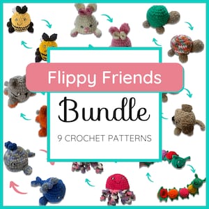 Può includere: Una collezione di 9 schemi all'uncinetto per giocattoli amigurumi reversibili. Gli schemi includono una varietà di animali, come un coniglio, una tartaruga, un gatto e una medusa. Gli schemi sono disponibili in bundle e sono perfetti per gli uncinettari di tutti i livelli. "Flippy Friends Bundle 9 Crochet Patterns"