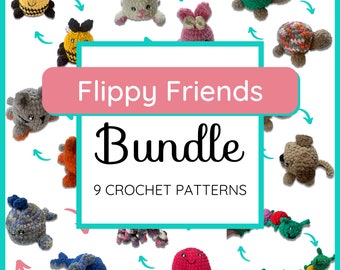 May include: A collection of 9 crochet patterns for reversible amigurumi toys. The patterns include a variety of animals, such as a bunny, turtle, cat, and jellyfish. The patterns are available as a bundle and are perfect for crocheters of all skill levels. "Flippy Friends Bundle 9 Crochet Patterns"