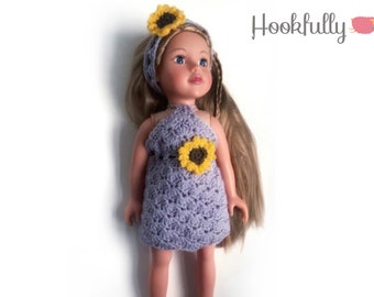 PDF Crochet Pattern - Sunflower dolls dress and headband - 18” doll clothes