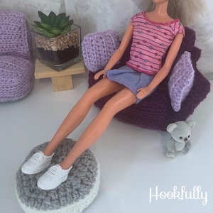 PDF Crochet Pattern | Dollhouse Sofa Set | 12” Fashion Doll Furniture | 1:6 Scale Dolls House Chair, Footstool, Corner Sofa | Toy Bundle