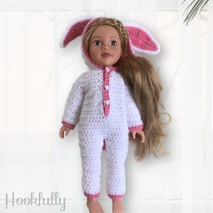 PDF Crochet Pattern | Bunny Dolls Onesie | 18” Child Doll Clothes | Doll Pajamas | Rabbit Costume | Hooded Pyjama | Girls Easy Doll Clothing