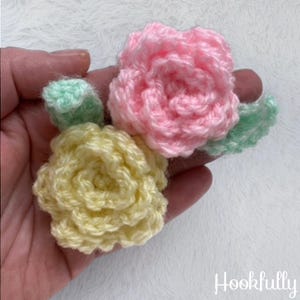 PDF Crochet Pattern | Simple Rose Applique | Easy Flower For Beginners | Small 3D Rose Head and Leaves | Crochet Flower and Leaf Motif