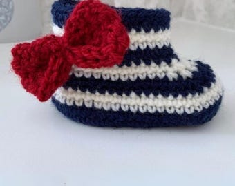 Crochet Pattern PDF | Summer Baby Booties | Baby Girl Shoes | Nautical Beach Babies | Bow and Navy Stripes | Easy Crochet Boots | 3 Sizes