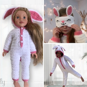 PDF Crochet Pattern Bundle | Bunny Rabbit Kids  | Toddler & Kids Clothes | Hooded Onesie | Doll and Children&#39;s Clothing Set | Boys or Girls