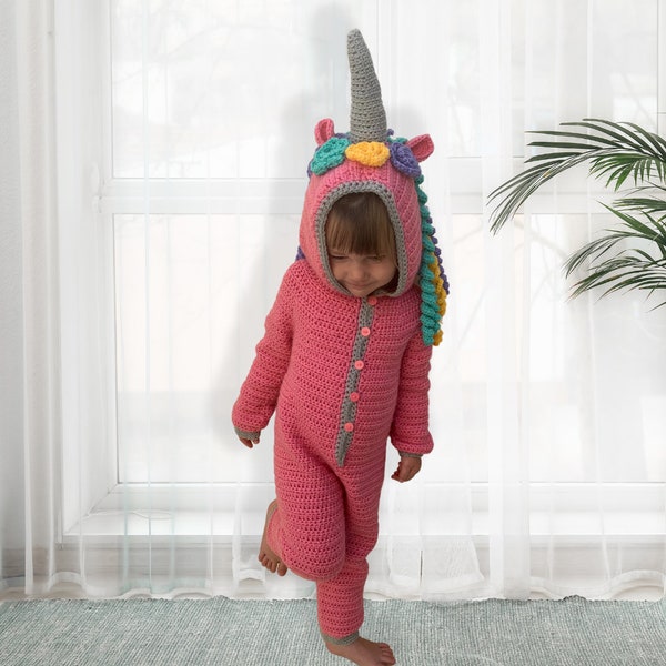 PDF Crochet Pattern - Unicorn kids onesie pyjamas - Girls hooded sleep suit - Children's clothes
