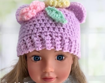 Crochet Bear Doll Hat Pattern | Flower Beanie, 16-18" Dolls (PDF Pattern)
