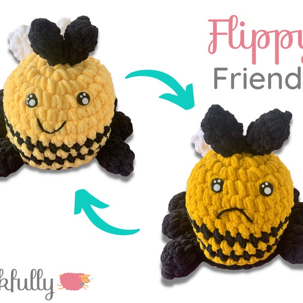 PDF Crochet Pattern - Reversible bee plush - Flippy friends animal amigurumi - Easy crochet kids fidget toys