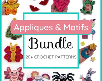 May include: A collection of 20+ crochet applique and motif patterns. The patterns include a variety of designs, such as a butterfly, a heart, a spider, a bunny, a chick, a rainbow, a cloud, a star, a moon, a tree, a flower, a lips, a frog, and a popsicle.