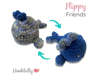 May include: A blue and green crocheted whale plush toy with a spiky fin. The whale is reversible and can be flipped to show a solid blue side. The toy is part of a collection called "Flippy Friends".