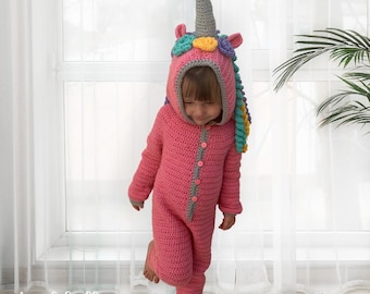 PDF Crochet Pattern | Unicorn Kids Onesie Pyjamas | Easy Girls Hooded Sleep Suit | Children's Crochet Clothes | Toddler, Child, Tween Sizes