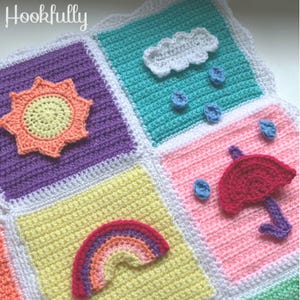 Häkelanleitung PDF | Wetter Applikationen | Himmel Motive | Baby, Kinder Bundle | Flache Decke Topper | Sonne, Regenbogen, Regenschirm, Wolke, Regentropfen