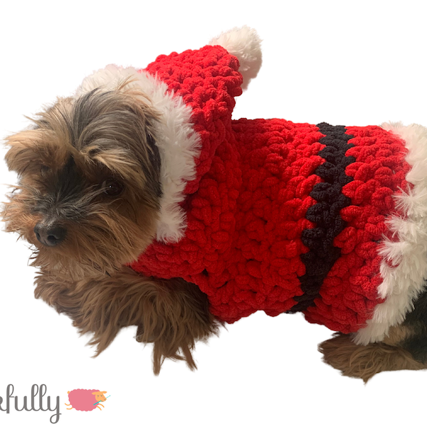 PDF Crochet Pattern | Christmas Sweater | Small Dog Clothes | Puppy Clothing | Santa Suit | Festive Pet Outfit | Super Bulky Chenille, Fur