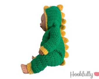 PDF Crochet Pattern - 14” baby dolls clothes - Dinosaur onesie hoody
