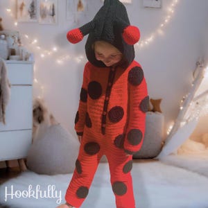 May include: A red and black crocheted ladybug costume for a child. The costume features a hooded jumpsuit with black polka dots and a black crocheted headpiece with antennae.