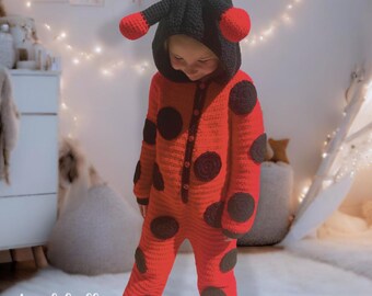 May include: A red and black crocheted ladybug costume for a child. The costume features a hooded jumpsuit with black polka dots and a black crocheted headpiece with antennae.