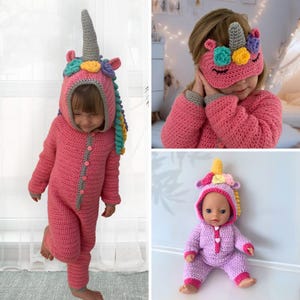 May include: Three crocheted unicorn outfits in pink, purple, and light pink. The outfits feature a unicorn hood with a horn, ears, and a mane. The outfits are designed for children and dolls.