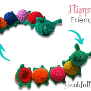 May include: A colorful crocheted caterpillar toy with a smiling face. The caterpillar is made of multiple segments, each a different color, including green, red, orange, pink, and blue. The toy is designed to be flipped and turned, with the segments rotating to create different patterns.