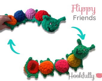 May include: A colourful crocheted caterpillar toy with a smiling face. The caterpillar is made of multiple segments, each a different colour, including green, red, orange, pink, and blue. The toy is designed to be flipped and turned, with the segments rotating to create different patterns.