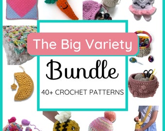 May include: A collage of crochet patterns, including a heart-shaped cushion, a carrot, a small bag, a unicorn, a basket, a moon, a bee, a hat, and a bag. The text "The Big Variety Bundle 40+ CROCHET PATTERNS" is displayed in the centre of the image.