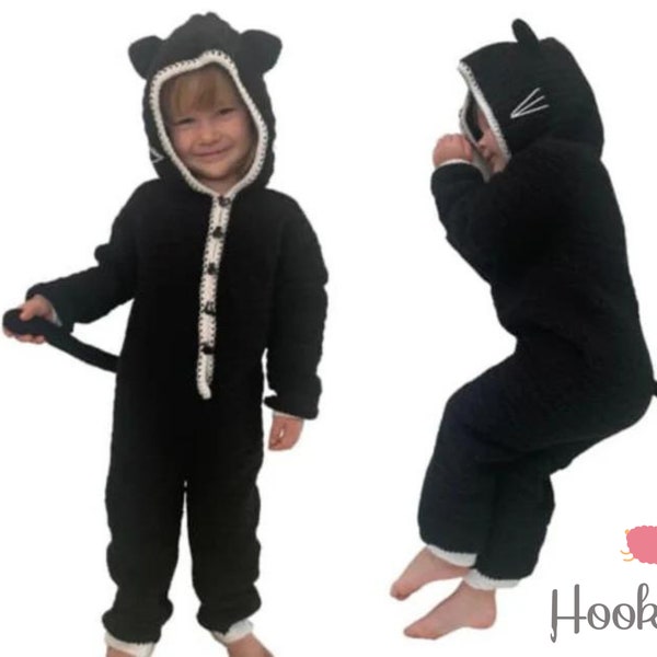 PDF Crochet Pattern - Black cat kids onesie pyjamas - Hooded sleep suit - Children's clothes - Halloween costume - Unsex, boys or girls.