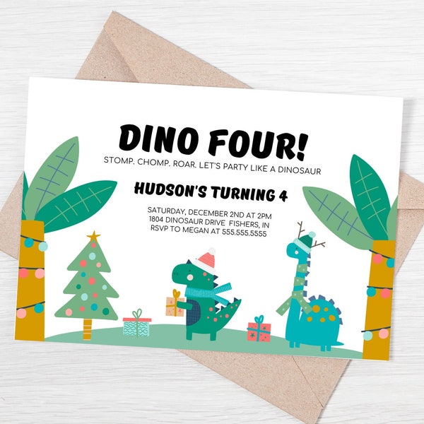 Dinosaur Birthday Party Invitation, Christmas Dinosaur Birthday, Kid Fourth Birthday Party, Dino Four Invite, Editable, Instant Download