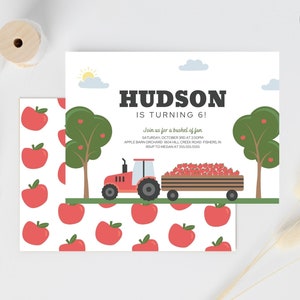 May include: Printable invitation for a 6th birthday party with a red tractor hauling a wagon full of apples. The invitation has a white background with a red apple pattern. The text on the invitation reads "Hudson is turning 6! Join us for a bushel of fun. Saturday October 3rd at 2:00pm. Apple Orchard, 1024 Hill Creek Road, Fisher, IN. RSVP to Megan at 555-555-5555."