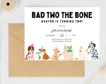 Bad Two the Bone verjaardagsuitnodiging, Puppy Pawty, 2e verjaardag, hond thema verjaardag uitnodigen, bewerkbare sjabloon, Instant Download