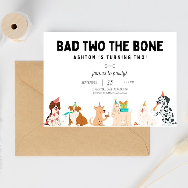 Bad Two the Bone Geburtstagseinladung, Puppy Pawty, 2nd Birthday, Dog Theme Birthday Invite, bearbeitbare Vorlage, Instant Download