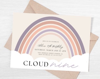 Cloud 9 Birthday Invitation, Cloud Nine Birthday Invite, Rainbow Clouds, Ninth Birthday Invite, Editable Template, Instant Download