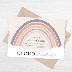 Cloud 9 Birthday Invitation, Cloud Nine Birthday Invite, Rainbow Clouds, Ninth Birthday Invite, Editable Template, Instant Download