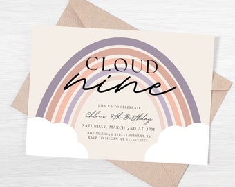 Cloud 9 Birthday Invitation, Cloud Nine Birthday Invite, Rainbow Clouds, Ninth Birthday Invite, Editable Template, Instant Download